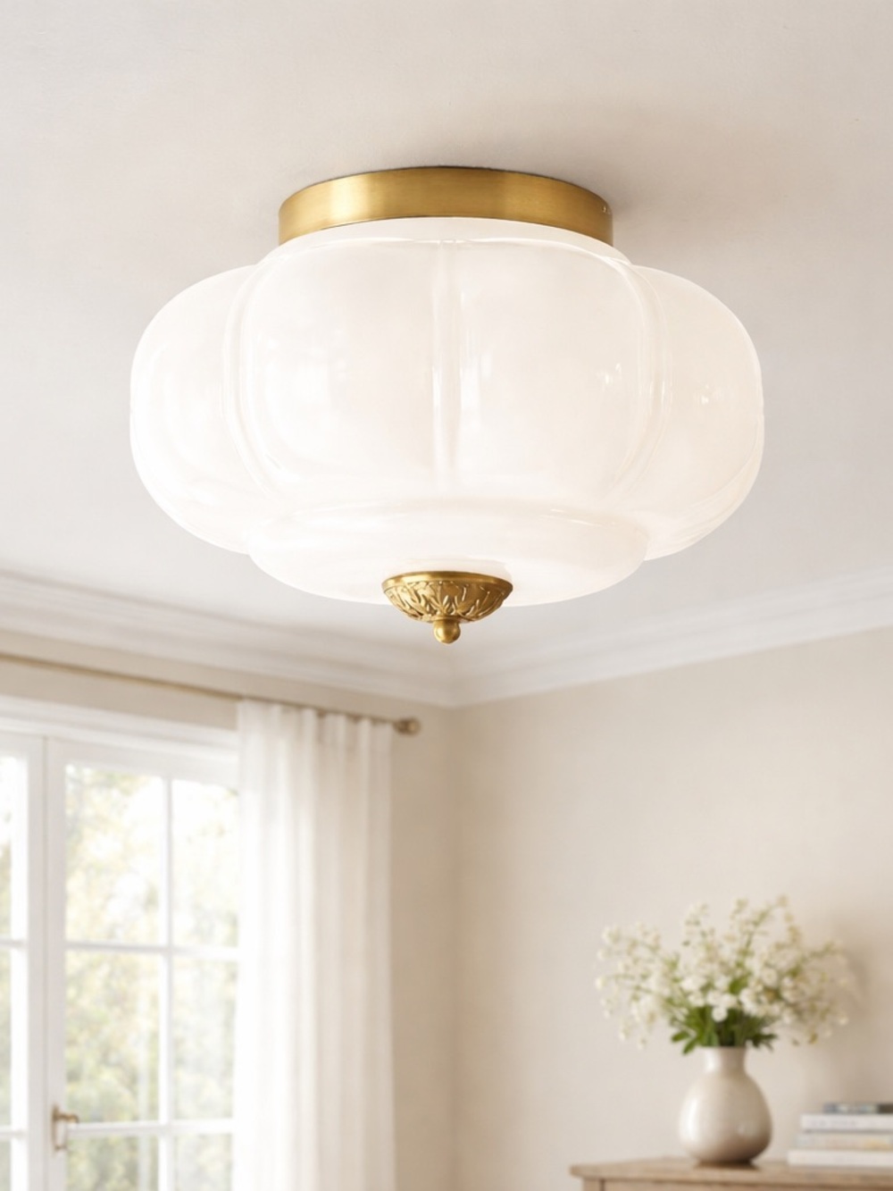 CKENSU "Eloise" Milk Glass Semi-Flush Ceiling Light Fixture Antique Brass 15"